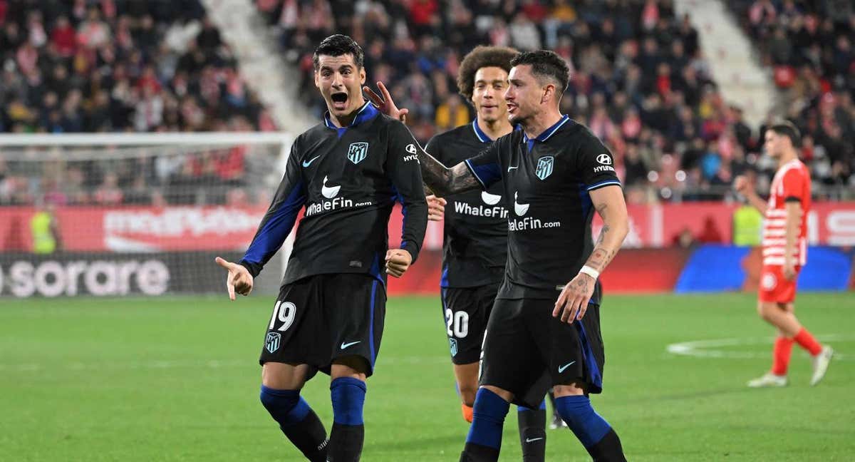 Morata celebró el gol del Atlético en el tiempo de descuento en Montilivi. /AFP